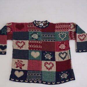 Vintage Maggie Lawrence Patchwork Heart Rose Sweater Tunic Long Sleeve XL